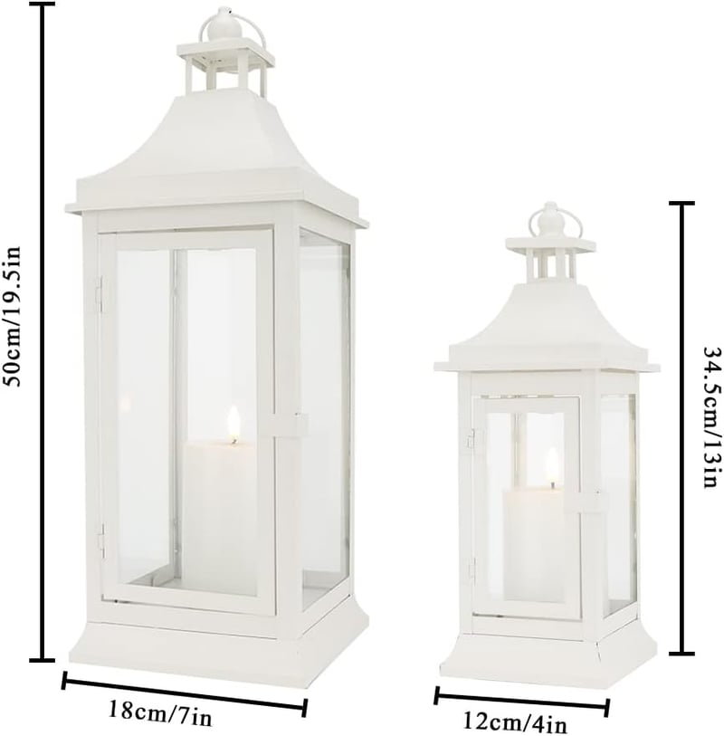 JHY DESIGN 2 darab fehér fém vintage függős gyertyás lámpás torony 50 cm és 33 cm kültéri beltéri kert terasz esküvő