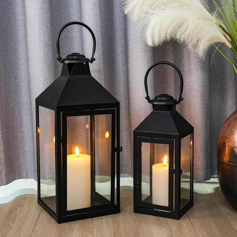 JHY DESIGN Fekete Fém Lámpás Szett - 44,5 cm és 24 cm Magas Vintage Stílusú Dekorációs Lámpások Beltéri és Kültéri Használatra, Esküvőkre, R