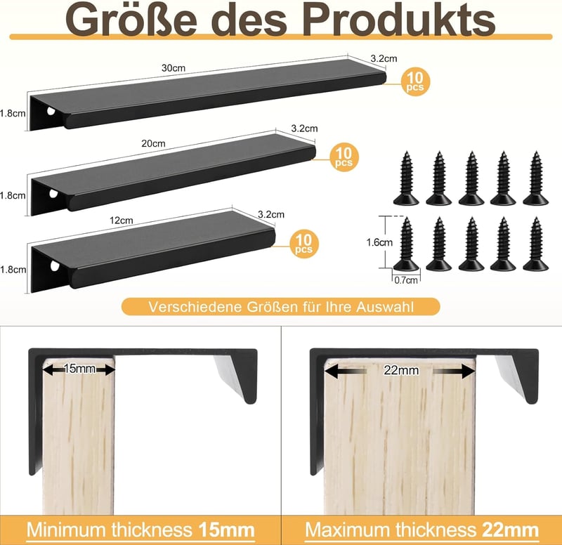JiangLin set 10 mânere negre pentru mobilă, 300 mm, mâner ascuns pentru dulap