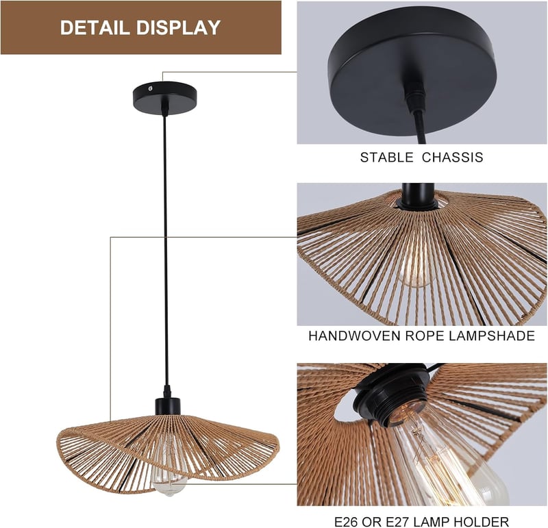JIINOO Rattan Függőlámpa Bambusz Kézzel Szőtt Modern Lámpatest 41cm Hálószoba Nappali Étkező - 41 cm, Brown