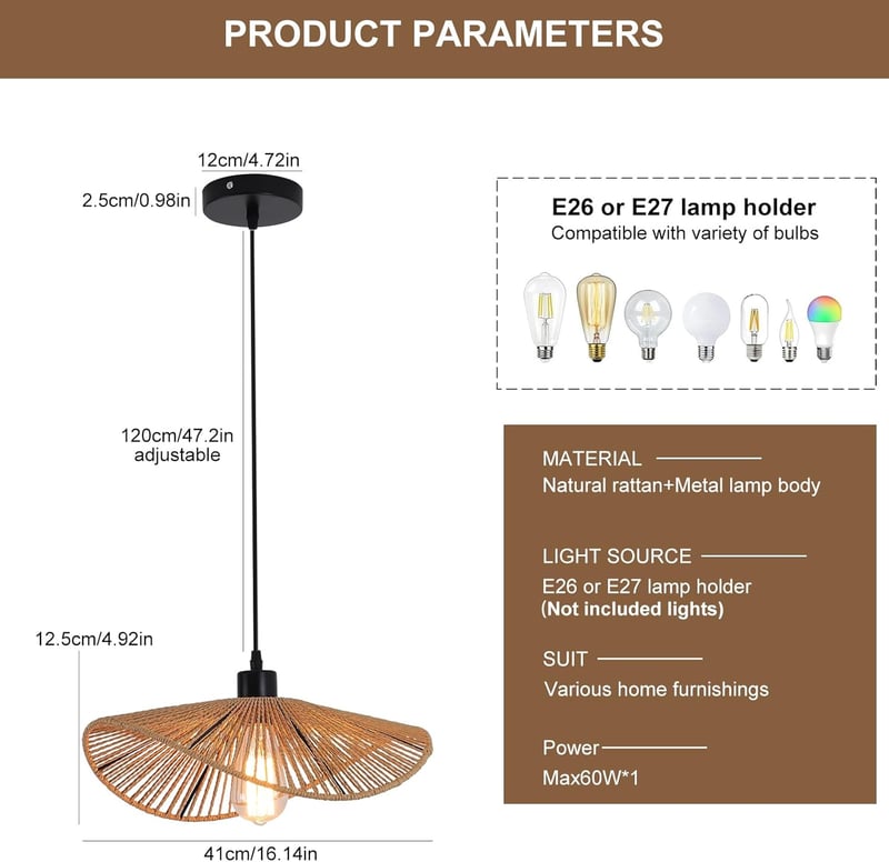 JIINOO Rattan Függőlámpa Bambusz Kézzel Szőtt Modern Lámpatest 41cm Hálószoba Nappali Étkező - 41 cm, Brown