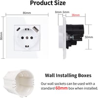 JIMEIDA Fehér Faliszokla USB-C és USB Porttal, 16A 2.1A Gyorstöltés, 86mm Beépíthető - 1 socket A+C, White 2