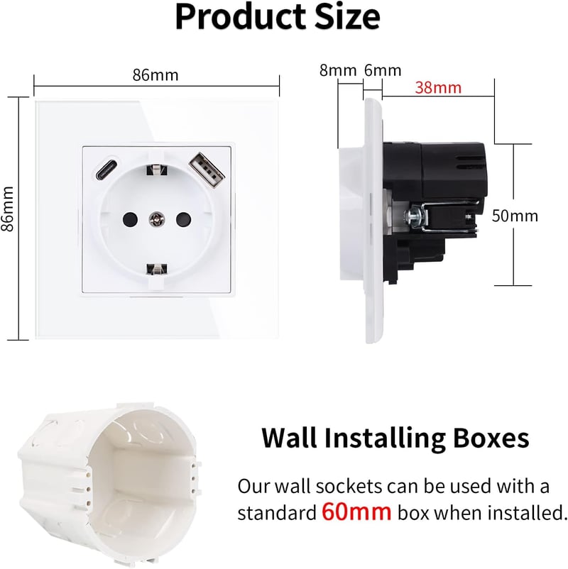 JIMEIDA Fehér Faliszokla USB-C és USB Porttal, 16A 2.1A Gyorstöltés, 86mm Beépíthető - 1 socket A+C, White