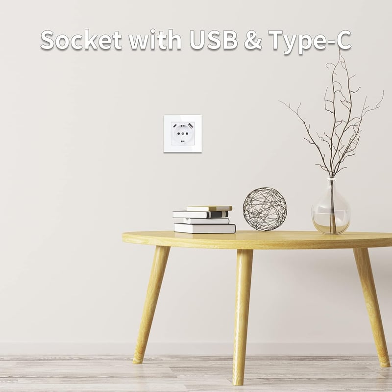 JIMEIDA Fehér Faliszokla USB-C és USB Porttal, 16A 2.1A Gyorstöltés, 86mm Beépíthető - 1 socket A+C, White