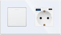 JIMEIDA Fehér Villanykapcsoló USB Aljzattal, USB-A és Type-C Porttal, 3.1A, Üveglappal - 1-Fach, 1-Weg, USB Steckdose, White 2