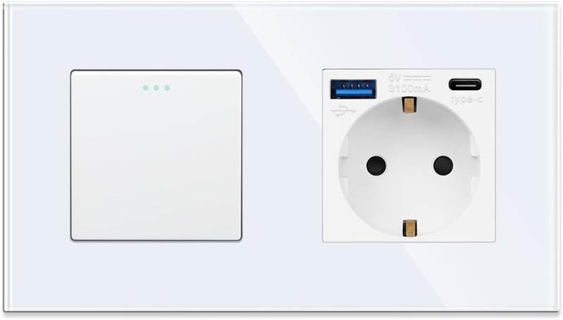 JIMEIDA Fehér Villanykapcsoló USB Aljzattal, USB-A és Type-C Porttal, 3.1A, Üveglappal - 1-Fach, 1-Weg, USB Steckdose, White