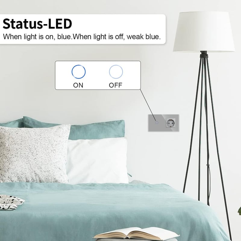 JIMEIDA szürke üveg érintéses fali kapcsoló Schuko aljzattal, LED jelzőfénnyel - 1-Fach, Touch Lichtschalter& Steckdose, gray