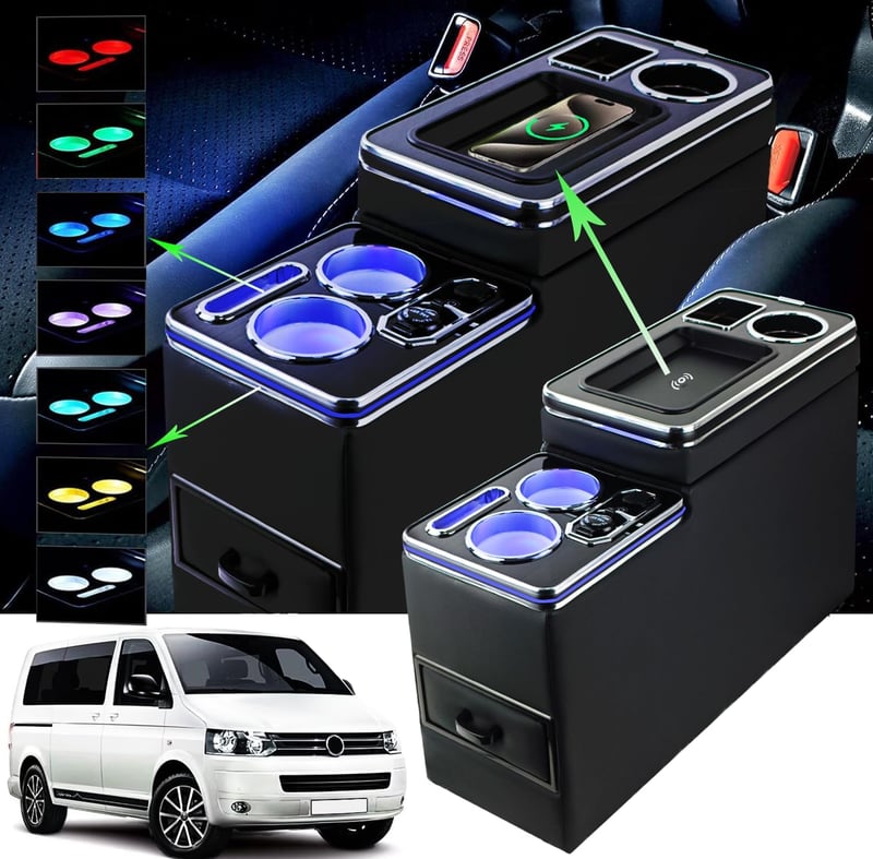 JINBZZON Középkonzol 7 Színű LED Világítással és Vezeték Nélküli Töltővel VW T4 T5 T6 T7 T6.1 2003-2019 Kompatibilis Karfás USB Csatlakozóva