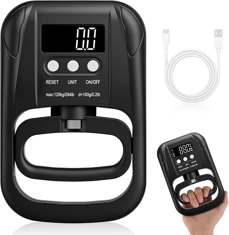 Jinlaili Digitális kézerőmérő markolat edző 264 lb 120 kg LED kijelző USB töltőkábel fekete