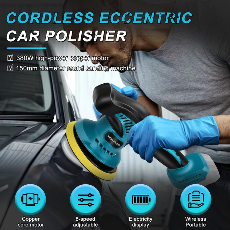 JinsenTGG Akkus excentrikus autó fényező polírozó gép Makita 21 V akkukhoz 8 fokozat 2800-5500 ford kék-fekete (akku nélkül)