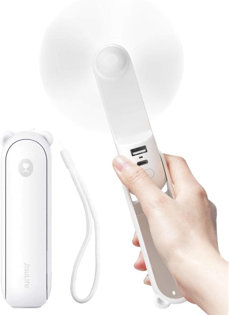 JISULIFE 3 az 1-ben Hordozható Mini Ventilátor 4800 mAh Akkumulátorral, 21 Órás Üzemidővel, Powerbank és Zseblámpa Funkcióval - Fehér