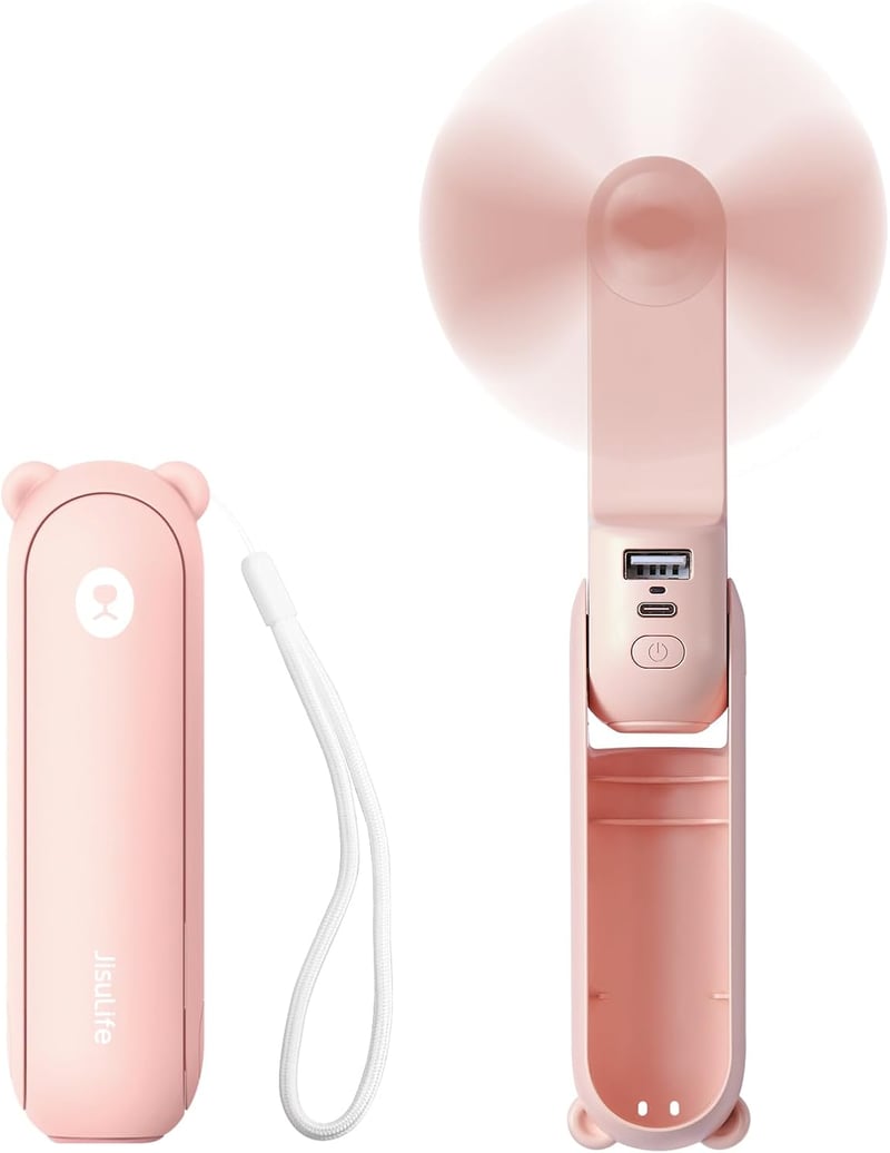 JISULIFE Mini Kézi Ventilátor 3 az 1-ben - USB Tölthető, 12-19 Órás Üzemidő, Powerbank és Zseblámpa Funkcióval, Rózsaszín