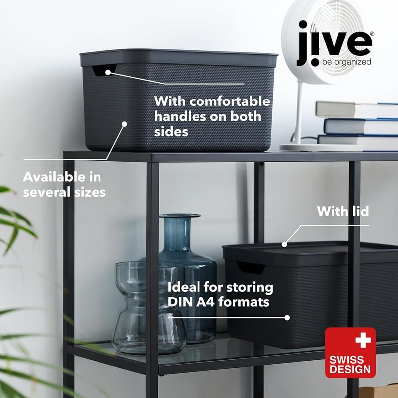 JIVE 3 darabos tárolódoboz szett fedéllel, 16 literes, sötétszürke, recycled műanyag