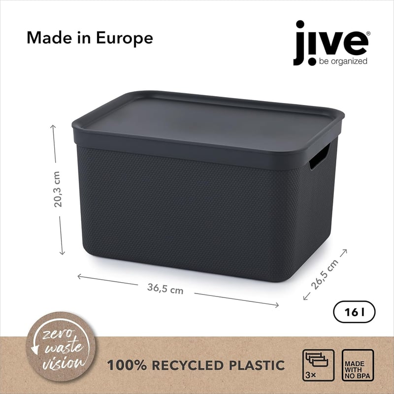 JIVE 3 darabos tárolódoboz szett fedéllel, 16 literes, sötétszürke, recycled műanyag