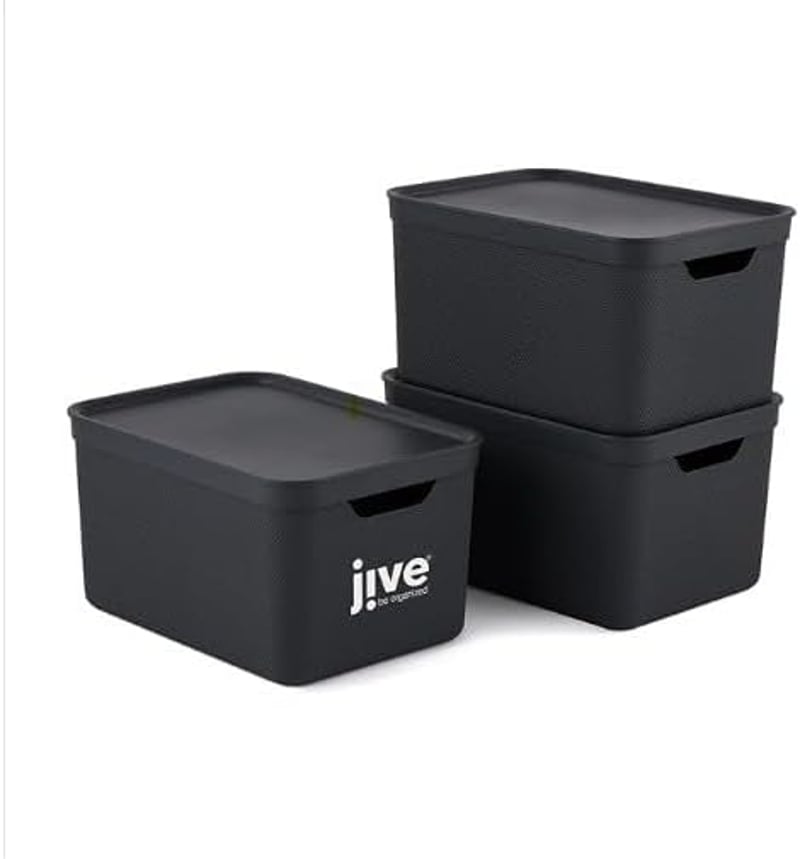 JIVE 3 darabos tárolódoboz szett fedéllel, 16 literes, sötétszürke, recycled műanyag