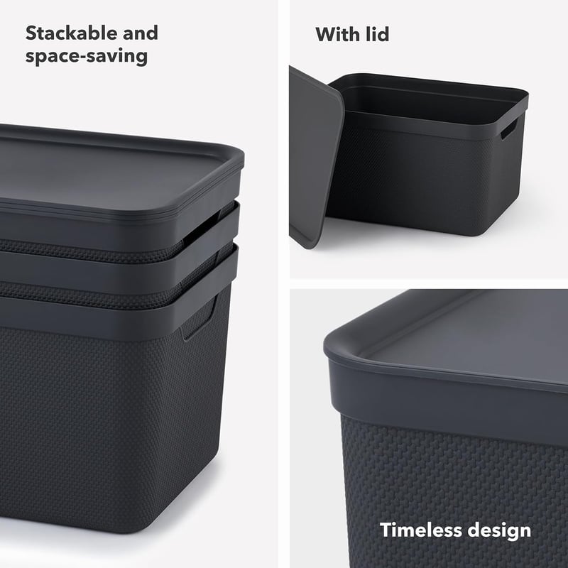 JIVE 3 darabos tárolódoboz szett fedéllel, 16 literes, sötétszürke, recycled műanyag