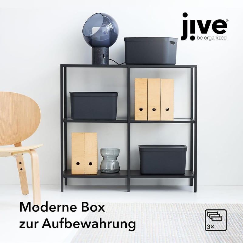 JIVE 3 darabos tárolódoboz szett fedéllel, 16 literes, sötétszürke, recycled műanyag