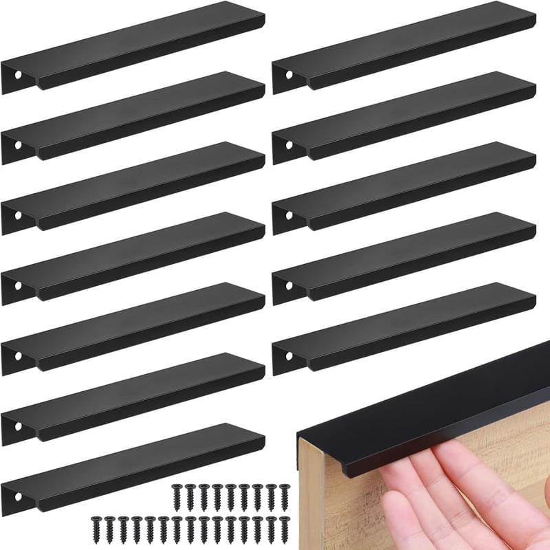 JIZZU Bútorfogantyú Szett 12 db Fekete Alumínium Rejtett Fogantyú 150mm Furattáv Csavarokkal Konyha Szekrény Gardrób