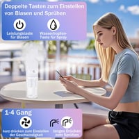 JIZZU Kézi Ventilátor Víz Permetezővel, Akkumulátoros Mini Ventillátor 4 Fokozatú Sebességszabályozással, Fehér 5