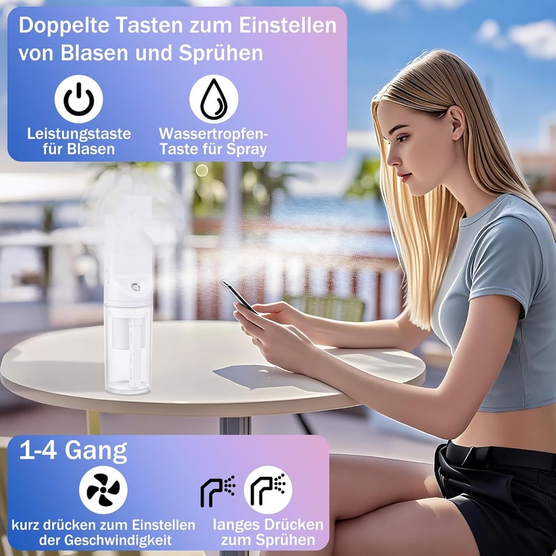 JIZZU Kézi Ventilátor Víz Permetezővel, Akkumulátoros Mini Ventillátor 4 Fokozatú Sebességszabályozással, Fehér