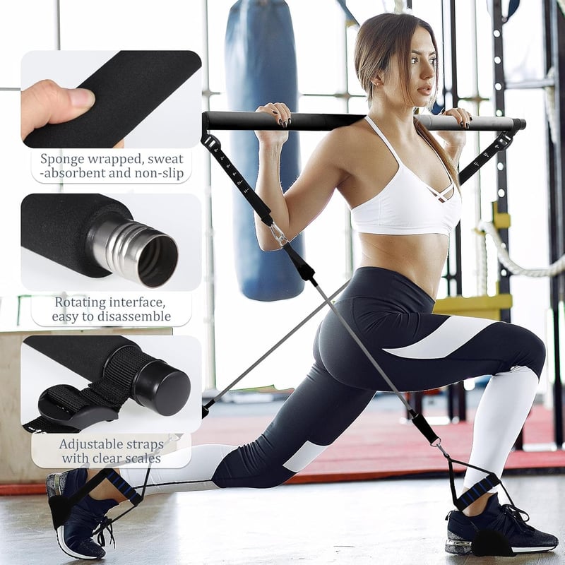 jjshund Pilates Rúd Szett 6 Ellenállási Gumiszalaggal - Állítható Erősítő Szalag Nőknek és Férfiaknak Otthoni Edzéshez, Jóga, Nyújtás