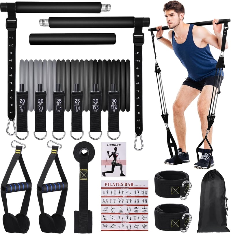 jjshund Pilates Rúd Szett 6 Ellenállási Gumiszalaggal - Állítható Erősítő Szalag Nőknek és Férfiaknak Otthoni Edzéshez, Jóga, Nyújtás