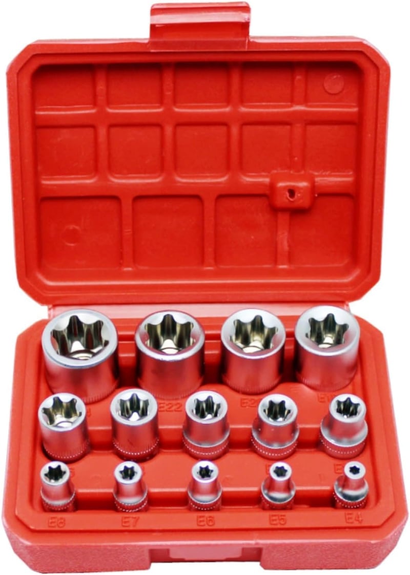 JJX 14 részes E-Torx csillagkulcs készlet tokban, 1/4", 3/8", 1/2" hajtásokkal, E4-E24 méretben, króm-vanádium acélból, autószereléshez és b