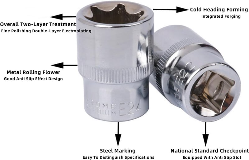 JJX 14 részes E-Torx csillagkulcs készlet tokban, 1/4", 3/8", 1/2" hajtásokkal, E4-E24 méretben, króm-vanádium acélból, autószereléshez és b