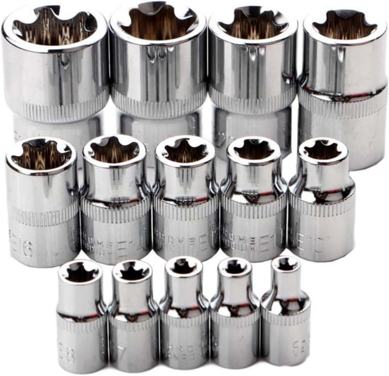 JJX 14 részes E-Torx csillagkulcs készlet tokban, 1/4", 3/8", 1/2" hajtásokkal, E4-E24 méretben, króm-vanádium acélból, autószereléshez és b