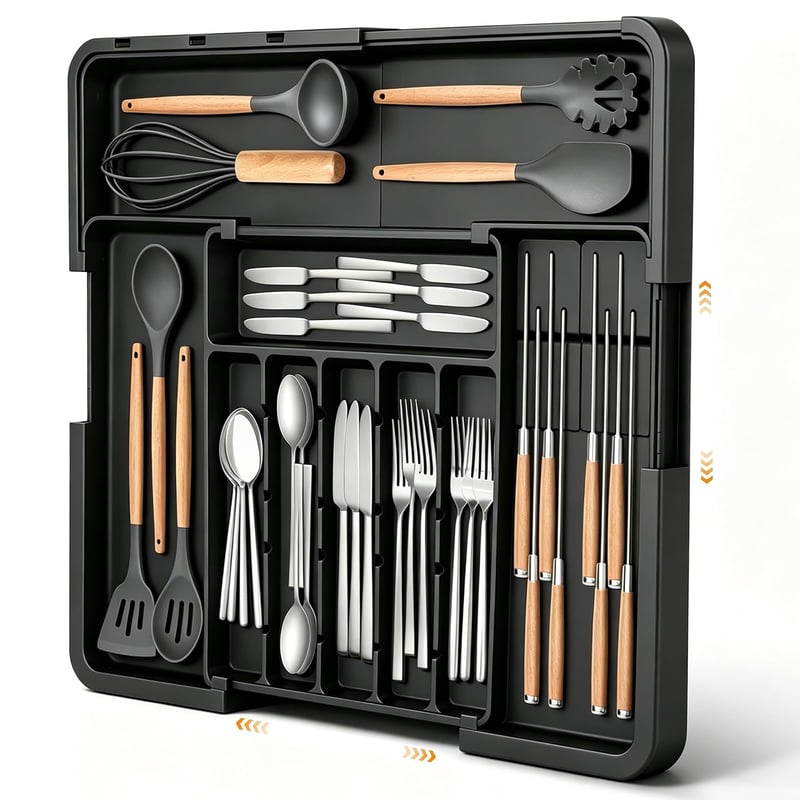 Organizator de tacâmuri extensibil JLLYGOUS pentru sertar, organizator pentru sertarul de bucătărie, negru