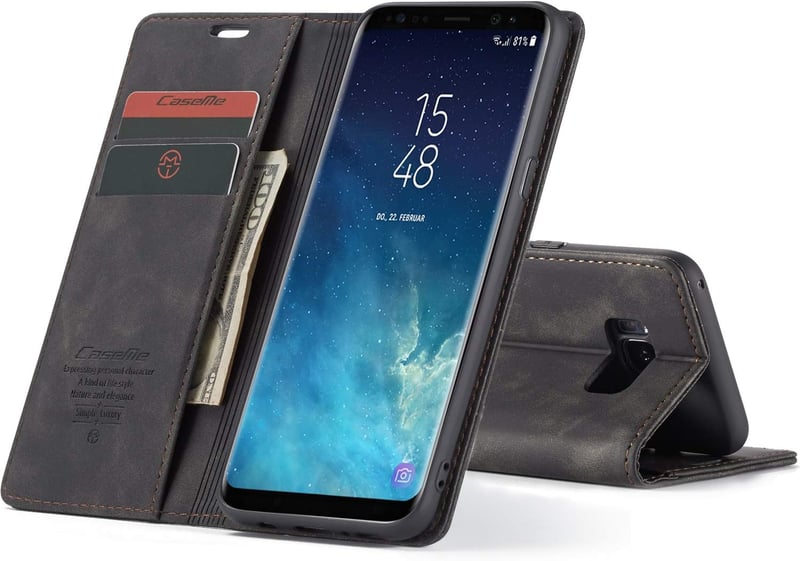 JMstore Samsung Galaxy S8 Plus Bőr Flip Tok Kártyatartóval - Fekete Mágneses Telefontok Állvány Funkcióval