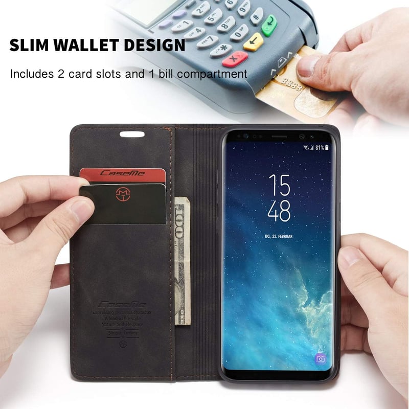 JMstore Samsung Galaxy S8 Plus Bőr Flip Tok Kártyatartóval - Fekete Mágneses Telefontok Állvány Funkcióval