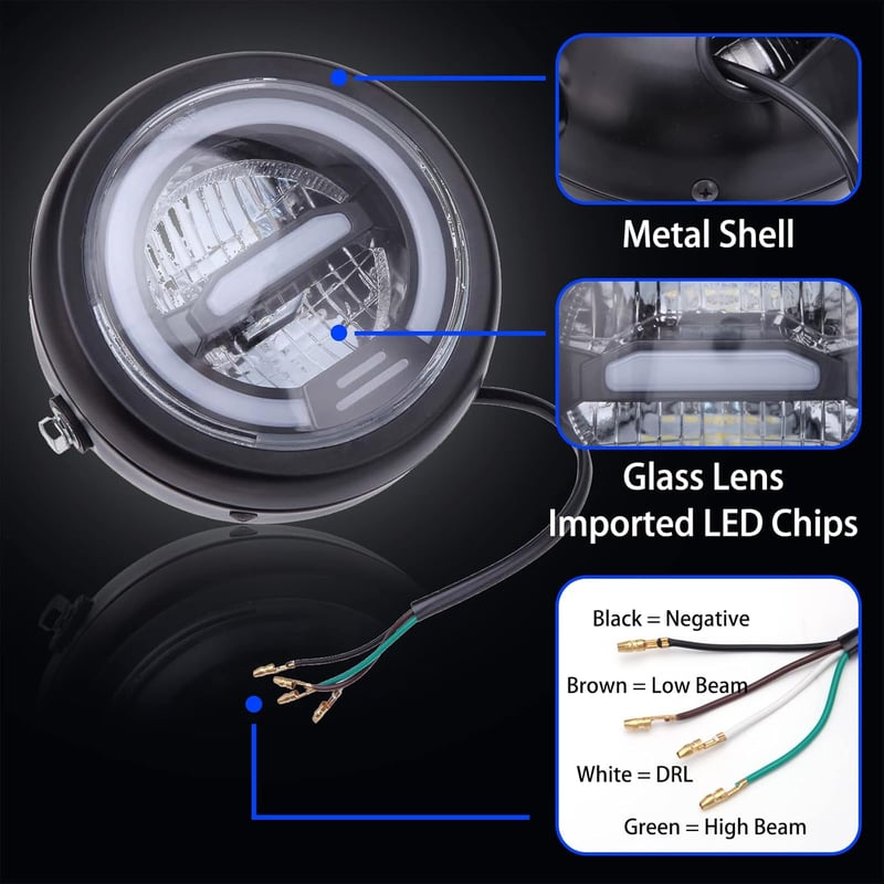 JMTBNO 6.5" LED Motorkerékpár Fényszóró 12V Univerzális Fehér Halo Fénnyel - White