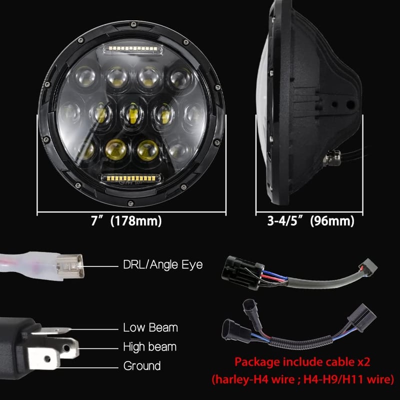 JMTBNO 7 Inch 75W LED Motoros Fényszóró Hi/Lo Dippantással Harley Jeep Kompatibilis