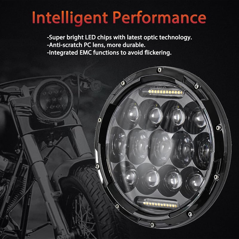 JMTBNO 7 Inch 75W LED Motoros Fényszóró Hi/Lo Dippantással Harley Jeep Kompatibilis