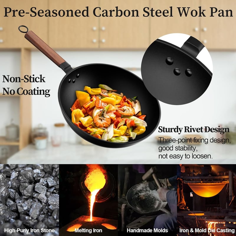 Jobin 33 cm Premium Wok Serpenyő Üvegfedővel - Szénacél, Indukciós