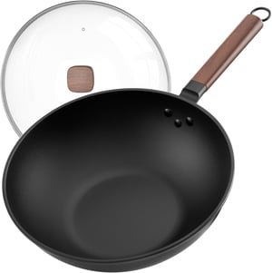 Jobin Premium Wok tava sa staklenim poklopcem 33 cm, ugljični čelik, bez kemijskih premaza, za indukcijske, plinske i keramičke ploče za kuhanje, azijska kuhinja