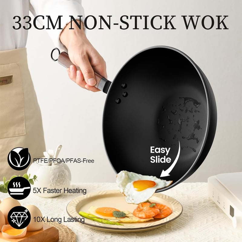 Jobin 33 cm Premium Wok Serpenyő Üvegfedővel - Szénacél, Indukciós