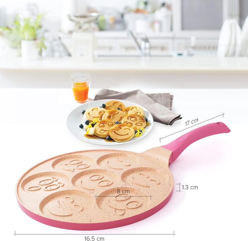 joeji's Kitchen 26,5 cm-es mosolygós palacsintasütő 7 üreggel, indukciós, nem tapadó alumínium, rózsaszín