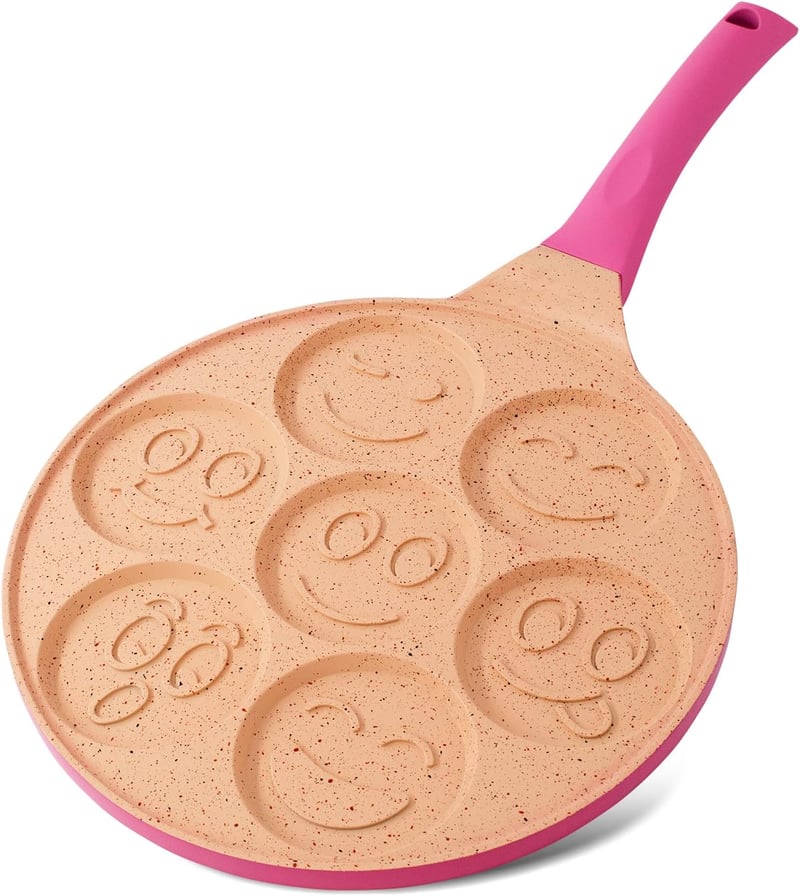 joeji's Kitchen 26,5 cm-es mosolygós palacsintasütő 7 üreggel, indukciós, nem tapadó alumínium, rózsaszín