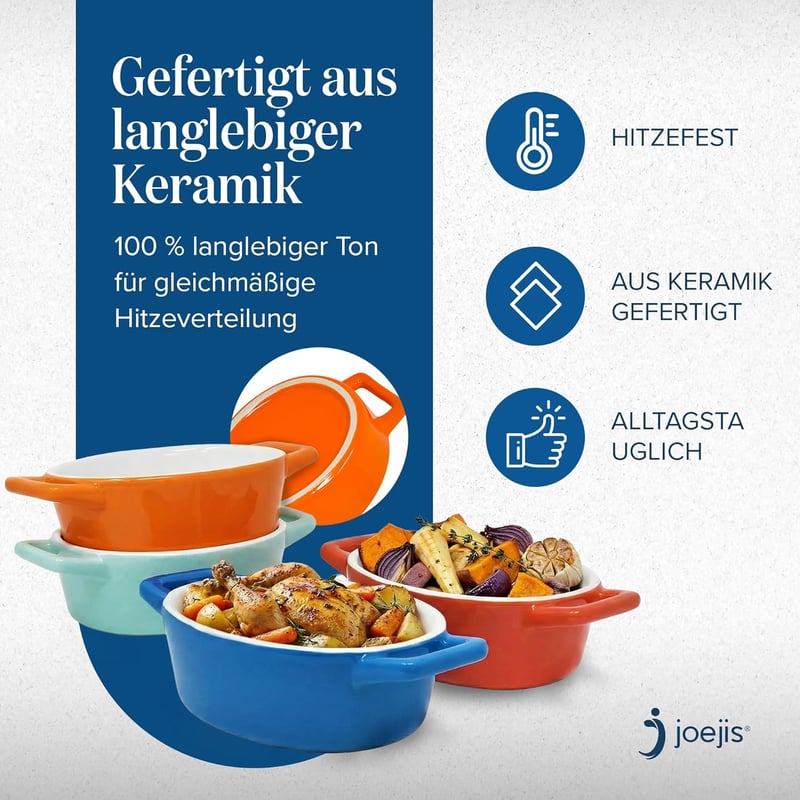 Joeji's Kitchen 4 darabos mini kerámia sütőedény készlet, fehér ovális ramekin füllel