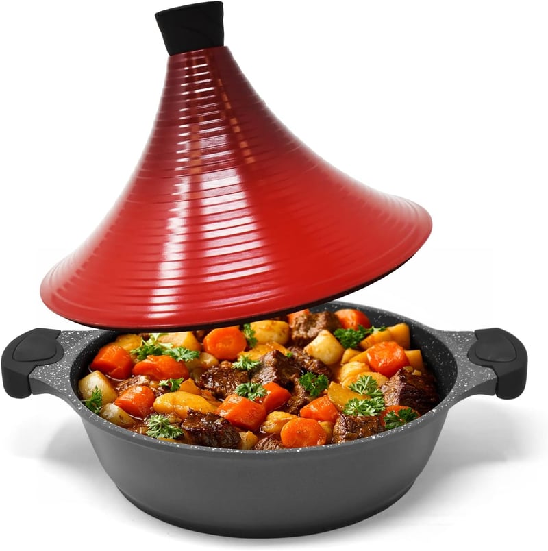 Joeji's Kitchen Marokkói Tagine Edény 28 cm - Tapadásmentes Alumínium Főzőedény Fedővel, 4,5L, Indukciós Tűzhelyre, Mosogatógépben Mosható