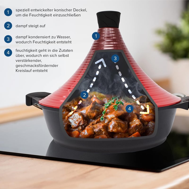 Joeji's Kitchen Marokkói Tagine Edény 28 cm - Tapadásmentes Alumínium Főzőedény Fedővel, 4,5L, Indukciós Tűzhelyre, Mosogatógépben Mosható