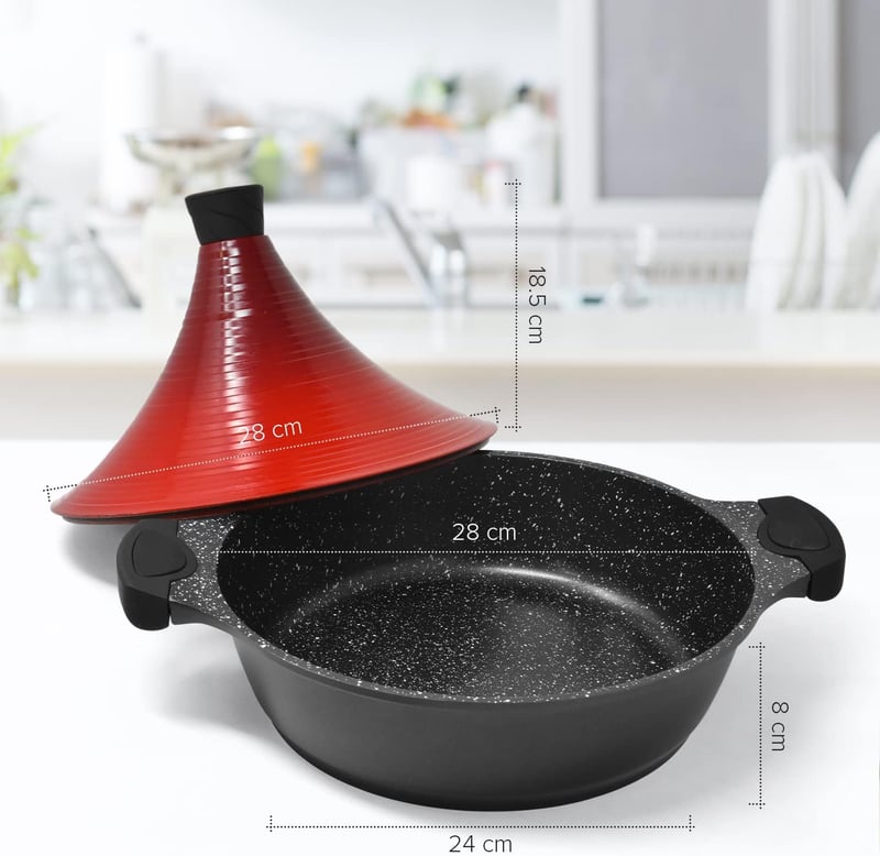 Joeji's Kitchen Marokkói Tagine Edény 28 cm - Tapadásmentes Alumínium Főzőedény Fedővel, 4,5L, Indukciós Tűzhelyre, Mosogatógépben Mosható