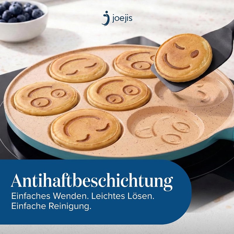 joeji's Kitchen Szmiley palacsinta serpenyő 7 üreges tapadásmentes öntött alumínium 26,5 cm kék indukcióhoz tojás és lepény sütéshez