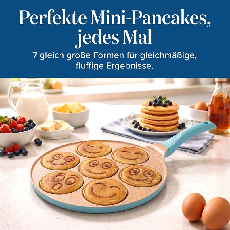 joeji's Kitchen Szmiley palacsinta serpenyő 7 üreges tapadásmentes öntött alumínium 26,5 cm kék indukcióhoz tojás és lepény sütéshez
