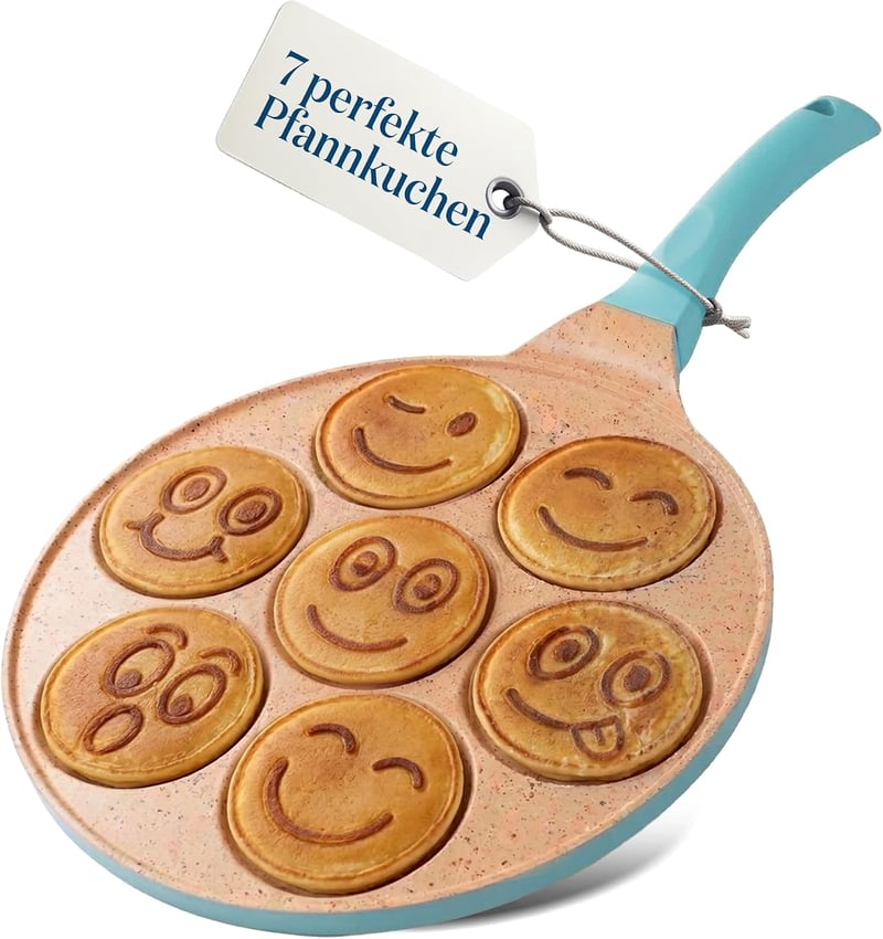 joeji's Kitchen Szmiley palacsinta serpenyő 7 üreges tapadásmentes öntött alumínium 26,5 cm kék indukcióhoz tojás és lepény sütéshez