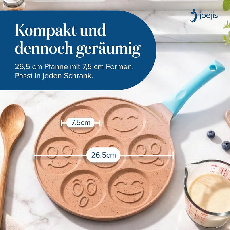 joeji's Kitchen Szmiley palacsinta serpenyő 7 üreges tapadásmentes öntött alumínium 26,5 cm kék indukcióhoz tojás és lepény sütéshez