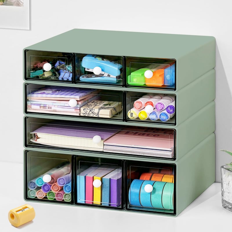 Stolový organizér JOENCOST s 9 zásuvkami, 4-poschodový stohovateľný plastový úložný box na písací stôl, organizér do kancelárie a na kozmetiku, zelený
