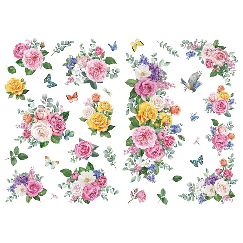 Joeyan set 2 autocolante tip transfer (Rub On) cu flori, autocolant mare pentru mobilă 42x30 cm, folie de transfer pentru suprafețe din lemn, sticlă, metal, pânză, porțelan, hârtie și plastic, model Rosenkert